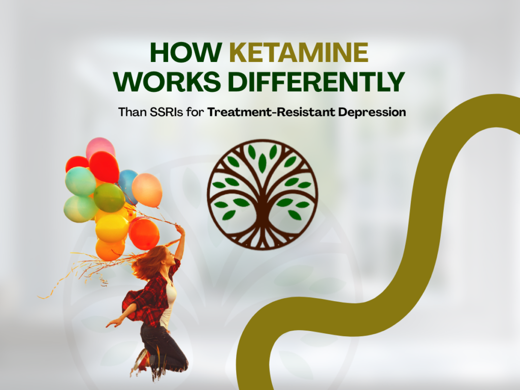 A graphic with the text How Ketamine Works Differently Than SSRIs for Treatment-Resistant Depression. It features a person holding colorful balloons, a stylized tree logo, and a wavy green line—highlighting ketamine therapy on a blurred background.