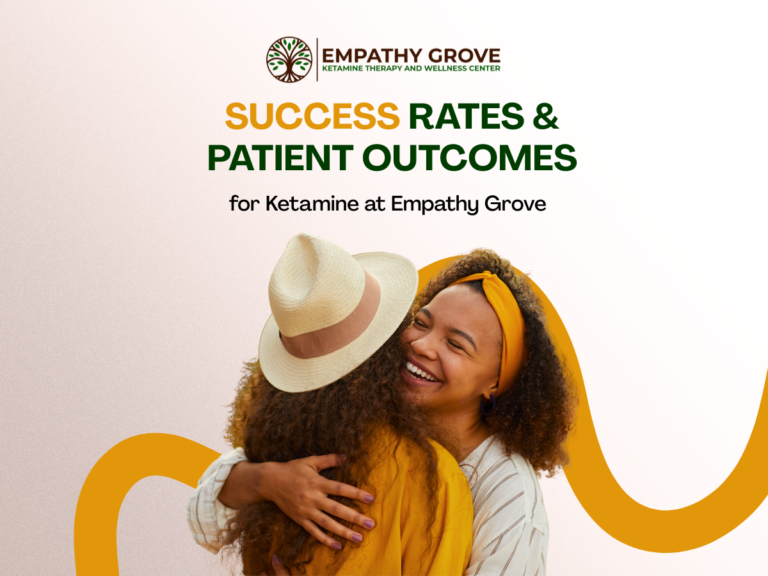 Two women warmly embrace and smile, both wearing yellow and white clothing. Above them is the Empathy Grove logo and text: SUCCESS RATES & PATIENT OUTCOMES for ketamine therapy at Empathy Grove on a white background with an orange swirl.