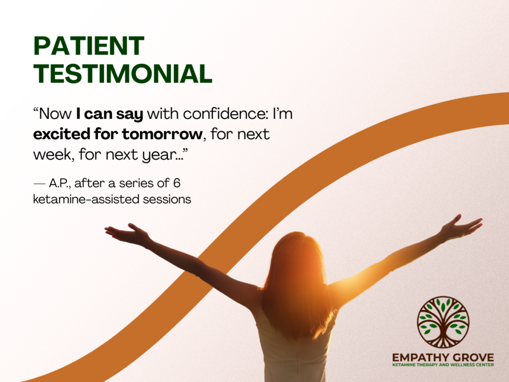 A testimonial graphic features a woman with outstretched arms facing the sunrise. Text reads: “Now I can say with confidence: I’m excited for tomorrow, for next week, for next year...” —A.P., after 6 ketamine therapy sessions. Empathy Grove logo.