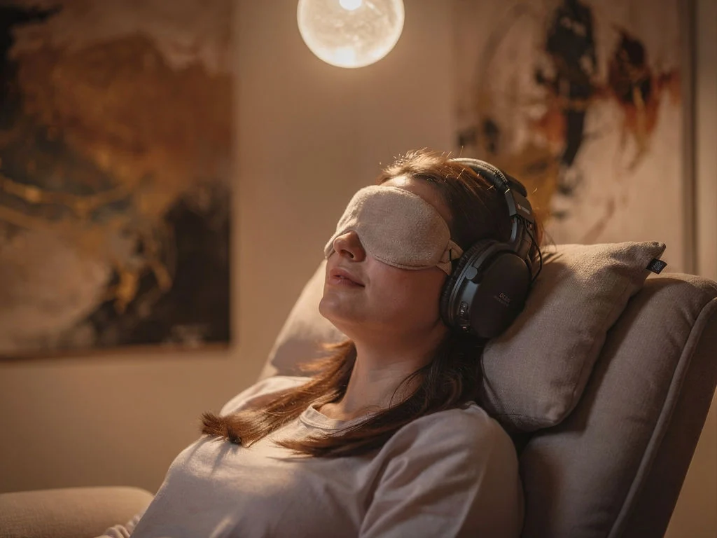 A woman relaxes on a recliner chair during ketamine therapy, wearing a sleep mask and large headphones. The softly lit background features warm tones and abstract art on the wall. She appears calm and comfortable.
