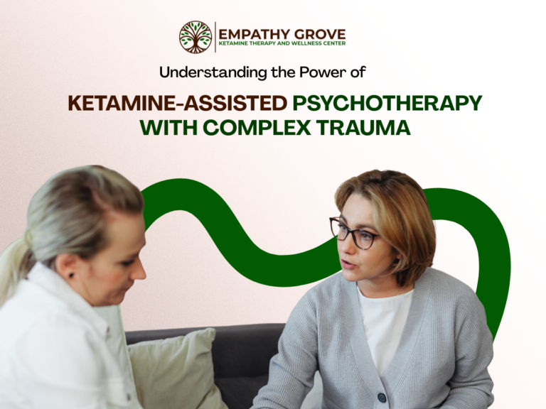 Two women sit and talk on a couch. Text reads: Empathy Grove Ketamine Therapy and Wellness Center. Discover the power of ketamine therapy for complex trauma through understanding and support. Green wavy graphics are in the background.