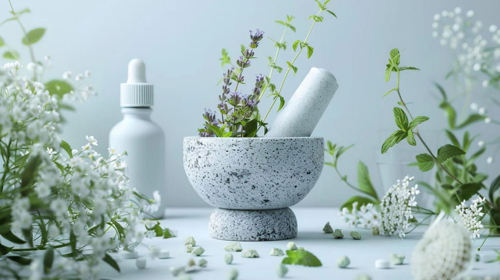 A stone mortar and pestle filled with fresh herbs and lavender sits on a table surrounded by white flowers, green leaves, a white dropper bottle—evoking the calm ambiance often sought in holistic wellness and ketamine therapy settings.