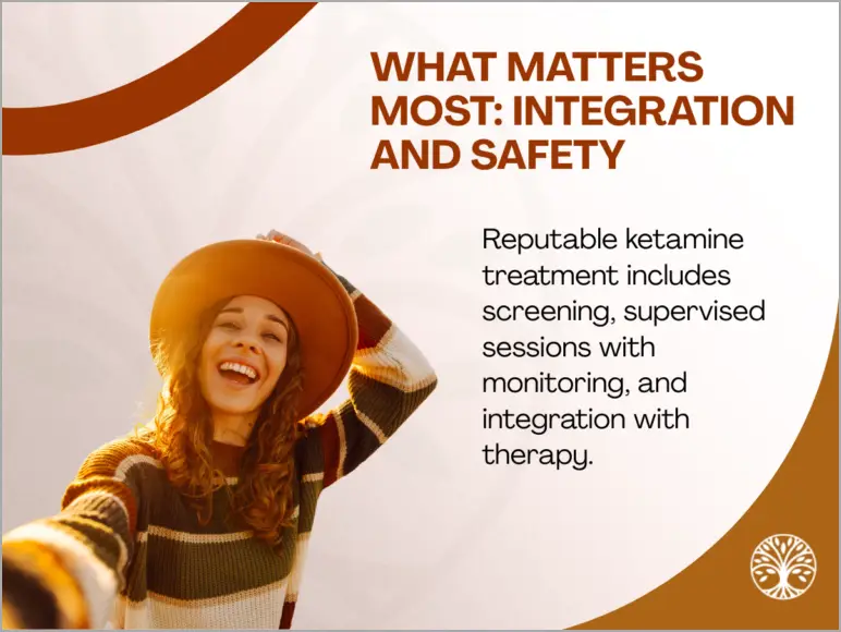 A smiling woman in a hat takes a selfie. Text beside her reads: What Matters Most: Integration and Safety. Reputable ketamine treatment includes screening, supervised ketamine sessions with monitoring, and integration with therapy.