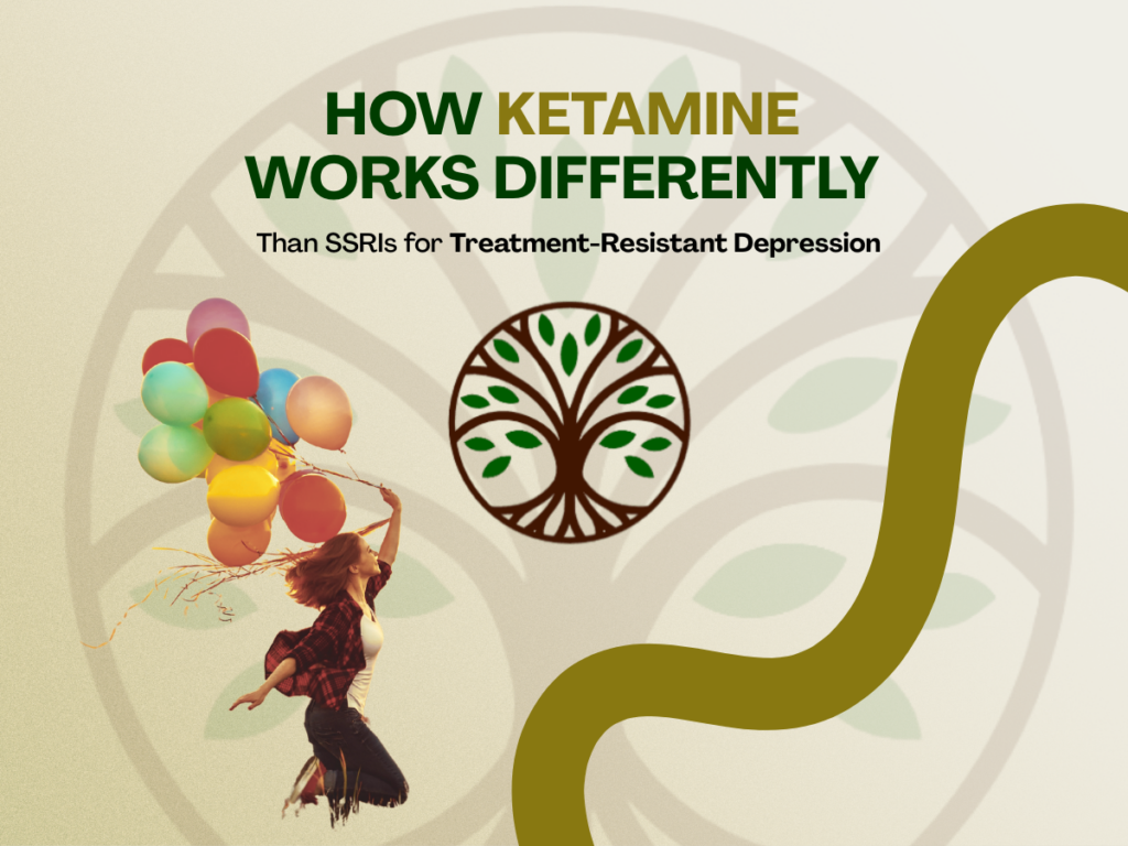 A woman holding colorful balloons jumps joyfully beside a green abstract path; the text “How Ketamine Works Differently Than SSRIs for Treatment-Resistant Depression” appears above a circular tree logo, highlighting ketamine’s unique approach.