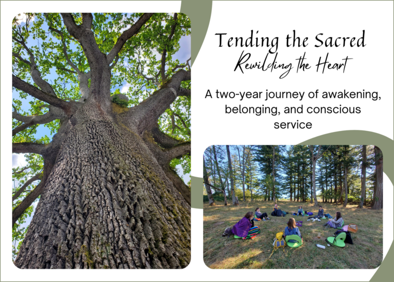 A tall tree seen from below beside a group of people sitting in a circle on grass in a forest. Text reads: Tending the Sacred: Rekindling the Heart—A two-year journey of awakening, belonging, and conscious service with optional ketamine therapy.