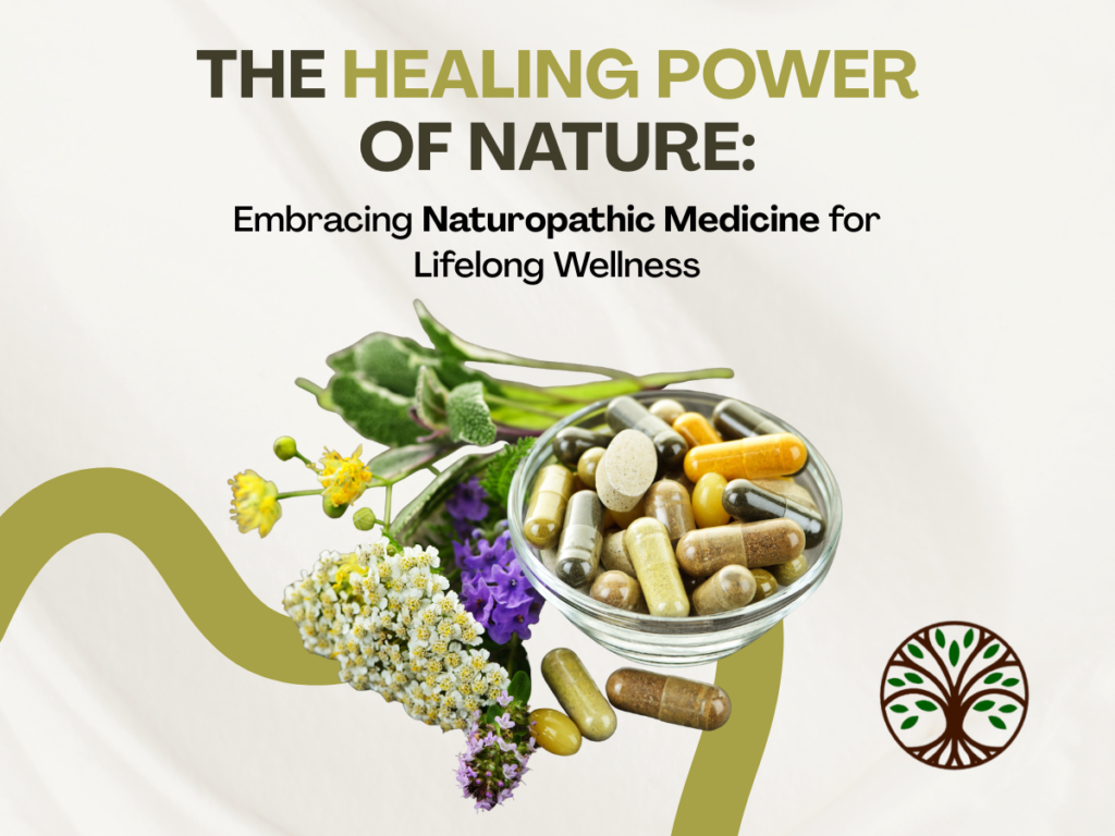 A glass bowl of assorted herbal capsules and tablets sits beside fresh herbs and flowers, celebrating the healing power of nature. Text above reads, Embracing Naturopathic Medicine for Lifelong Wellness. A tree logo is in the corner.
