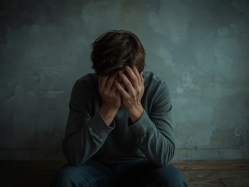 A person sits on the floor against a gray wall, wearing a long-sleeve shirt and jeans, with their head in their hands, appearing distressed—potentially reflecting someone considering Ketamine Therapy for relief.