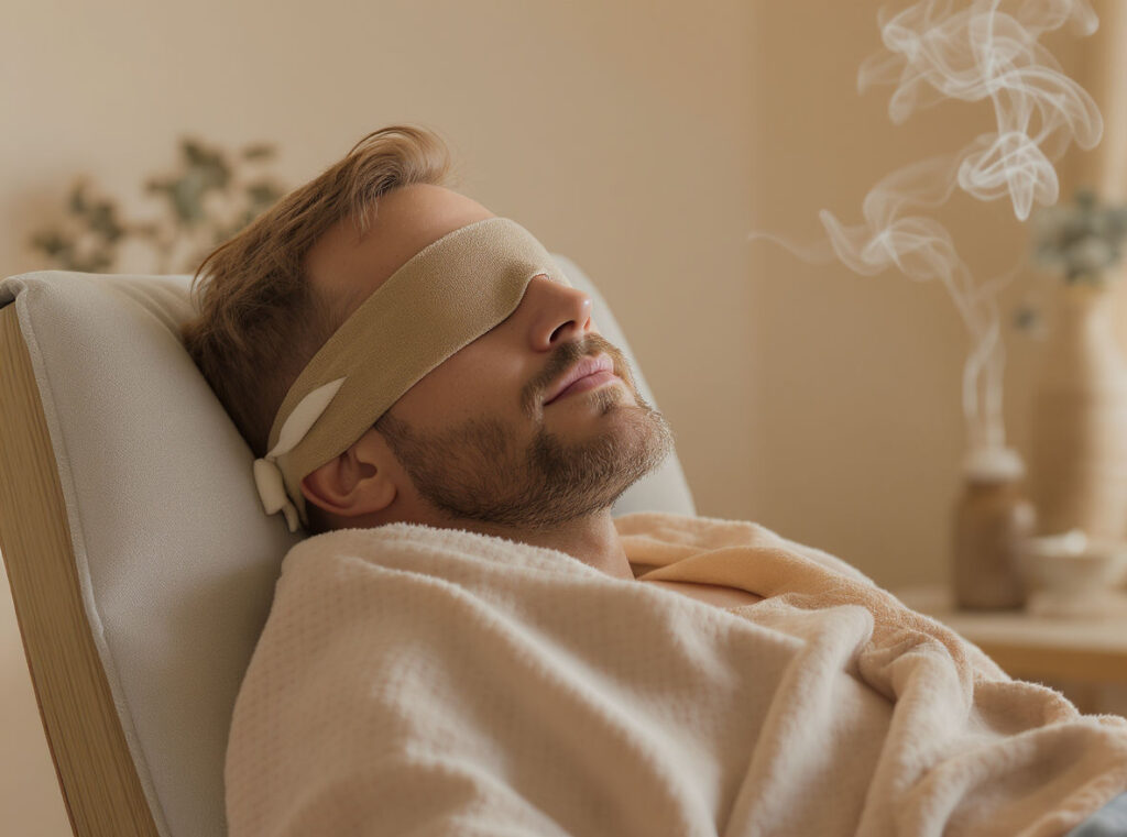 A man with a beard relaxes in a recliner, wearing a beige eye mask and wrapped in a soft blanket. Gentle steam rises in the background, creating an Wilsonville-inspired, spa-like atmosphere reminiscent of peaceful Ketamine Therapy sessions.
