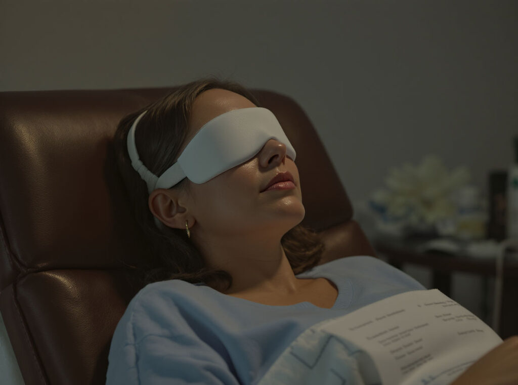 A woman lies on a recliner in a dimly lit Tualatin room, wearing a white eye mask and light blue clothing, with a printed document resting on her chest, evoking the calm atmosphere of ketamine therapy.