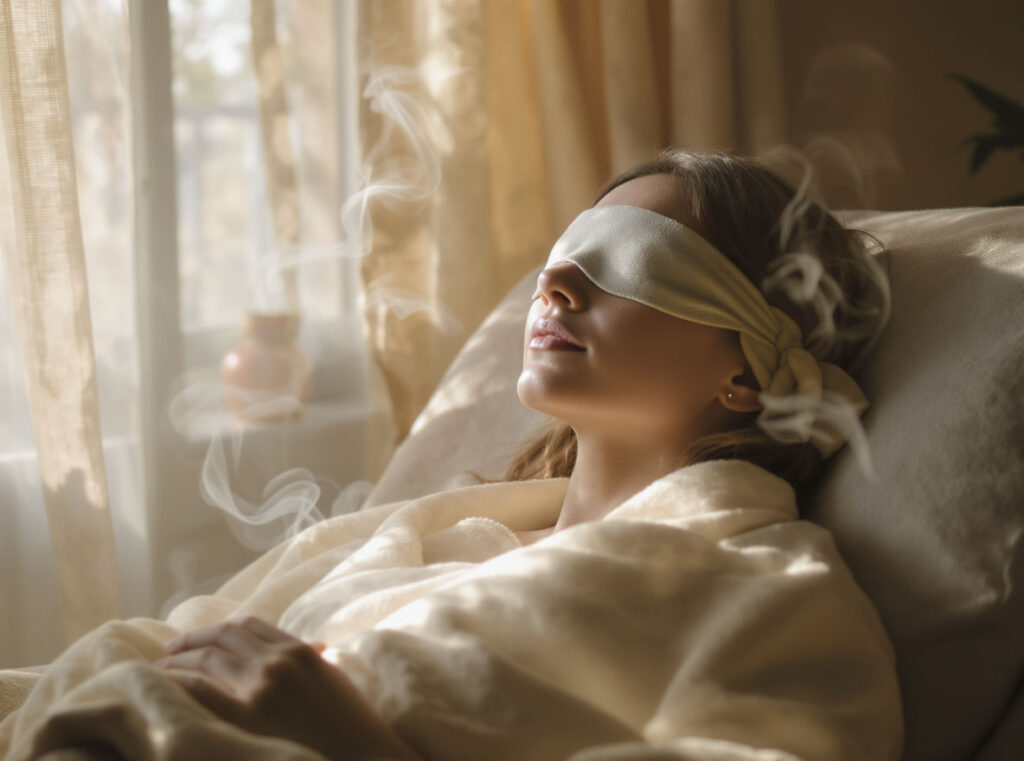 A woman relaxes on a couch in Oregon City with a blindfold over her eyes, wrapped in a cozy cream-colored blanket, as soft sunlight streams through curtains and wisps of steam drift around her—evoking the calm embraced during Ketamine Therapy.