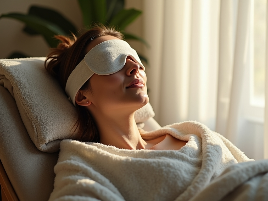 A woman relaxes on a cushioned chair at Hazeldale, covered in a soft blanket and wearing a sleep mask, with sunlight streaming through sheer curtains and green plants in the background—an ideal setting for ketamine therapy.