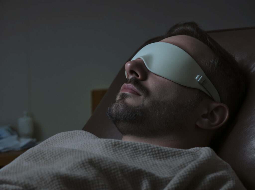 A man with a beard lies on a recliner in a dimly lit Tualatin room, covered with a blanket and wearing a large, white sleep mask, possibly experiencing Ketamine Therapy.