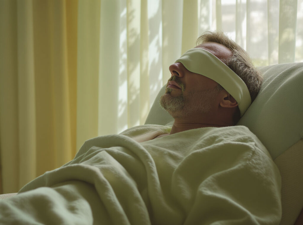 A man with a beard lies on a bed covered with a blanket, wearing a white eye mask. Soft natural light filters through sheer curtains in the background, evoking the calm and restful atmosphere of Ketamine Therapy in Hillsboro.