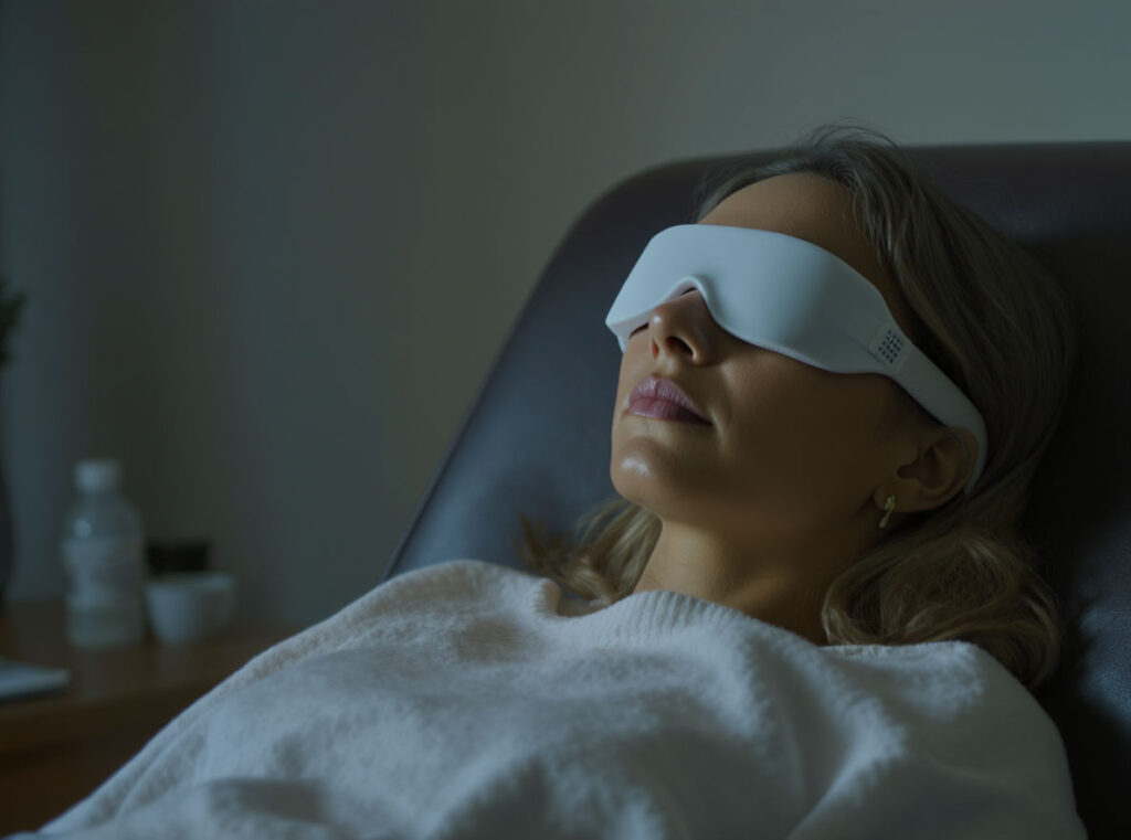 A woman reclines on a chair wearing a white sleep mask, appearing relaxed during Ketamine Therapy in Milwaukie. She is dressed in a light sweater, with a small table behind her holding a water bottle and cups.