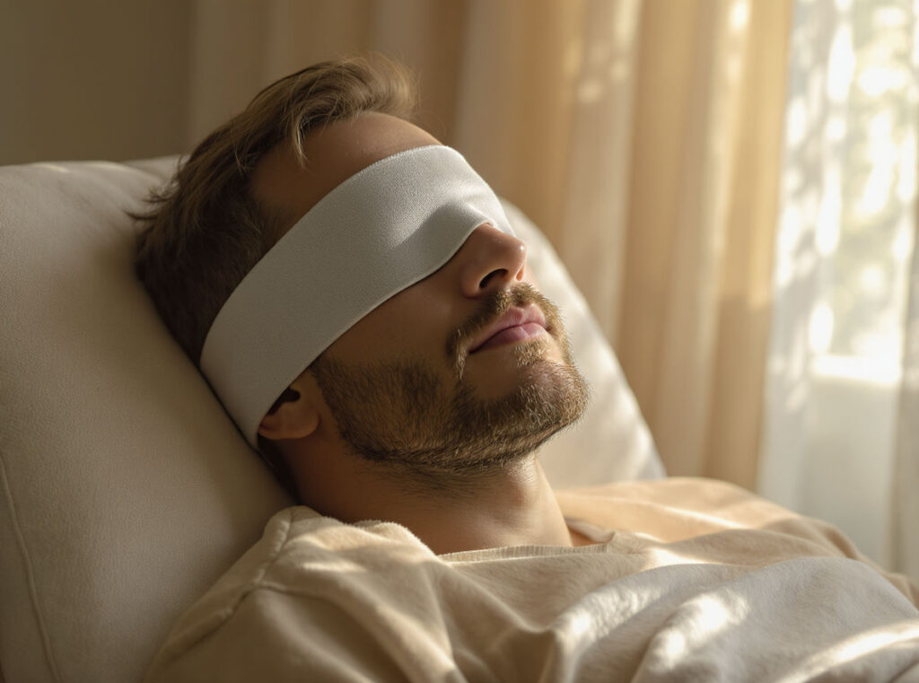 A man with light brown hair and a beard is reclining on a couch at Cedar Hills, wearing a white eye mask. Sunlight filters through sheer curtains in the background, creating a calm and peaceful atmosphere ideal for Ketamine Therapy.