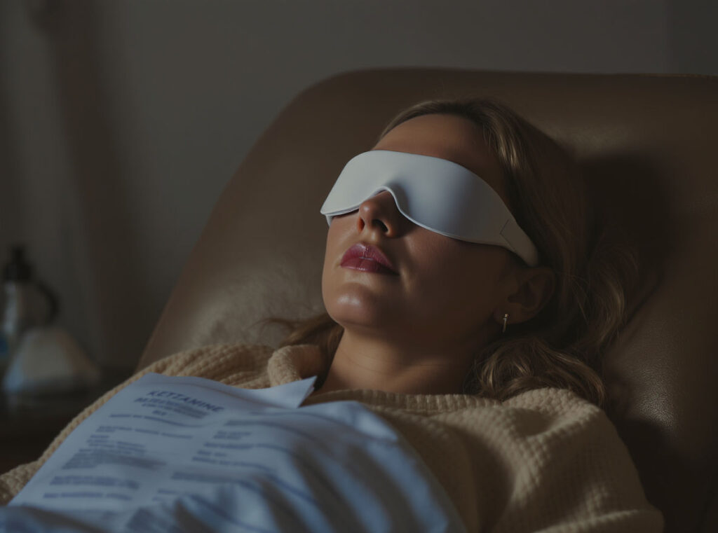A woman reclines on a chair wearing a white eye mask, embodying relaxation during ketamine therapy. Holding a brochure on her chest, she rests in the dimly lit, calm setting, inviting an aloha sense of peace.