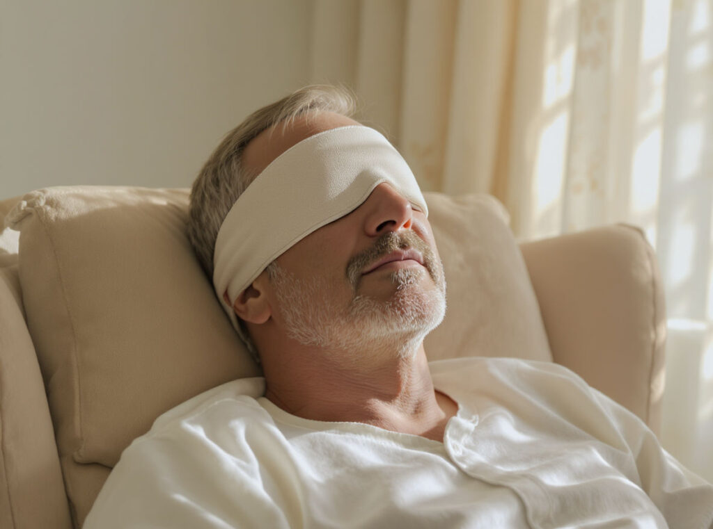 A middle-aged man with gray hair and a beard relaxes on a beige couch in Gresham, wearing a white sleep mask and shirt, as sunlight streams through the window—a peaceful moment that echoes the calm of Ketamine Therapy sessions.