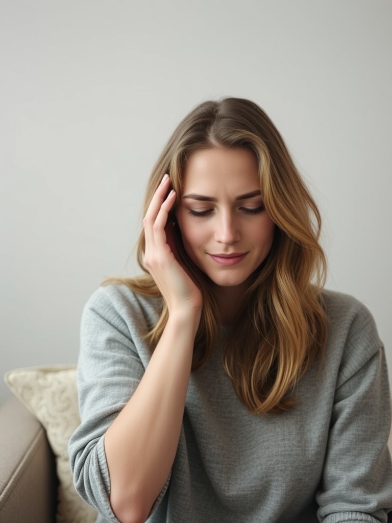 A young woman with long, wavy blonde hair sits on a couch in a light gray sweater, gently touching her face. She has a calm, thoughtful expression, perhaps reflecting on her experience with Ketamine Therapy for PTSD.
