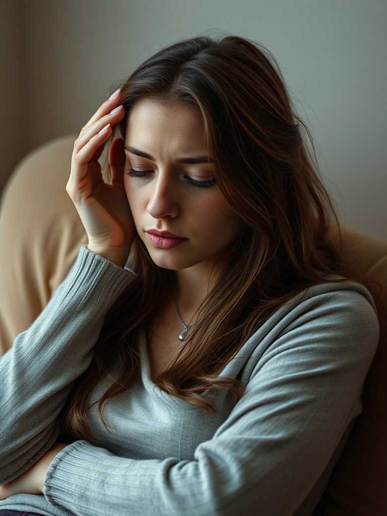 A young woman with long brown hair sits on a beige chair, eyes closed, touching her temple as if weighed down by complex trauma. She wears a light gray long-sleeve top and a necklace, her posture reflecting the need for compassionate trauma treatment.