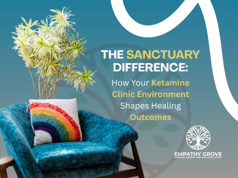 A blue velvet chair with a rainbow pillow and a potted plant beside it. Text reads: The Sanctuary Difference—how your clinic environment shapes healing outcomes. Empathy Grove logo in the corner.