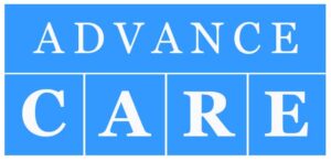 Blue and white graphic with the words ADVANCE in the top row and CARE in large letters divided into four boxes below.