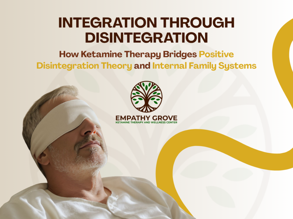 A man with gray hair and a beard lies down wearing an eye mask. Text above reads, “Integration Through Disintegration: How Ketamine therapy bridges Positive Disintegration Theory and Internal Family Systems.” Empathy Grove logo is centered.