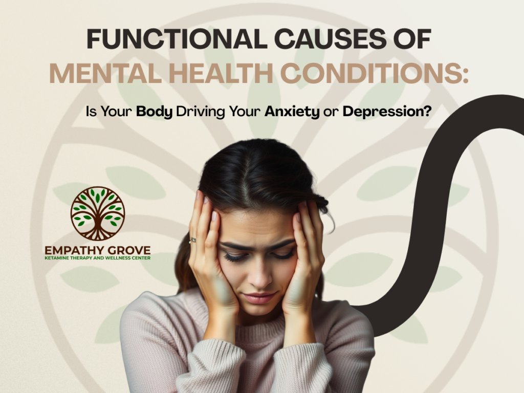 A woman sits with her head in her hands, looking distressed. Text reads, “Functional Causes of Mental Health Conditions: Is your body driving your anxiety or depression?” and “Empathy Grove Ketamine Therapy and Wellness Center.”.
