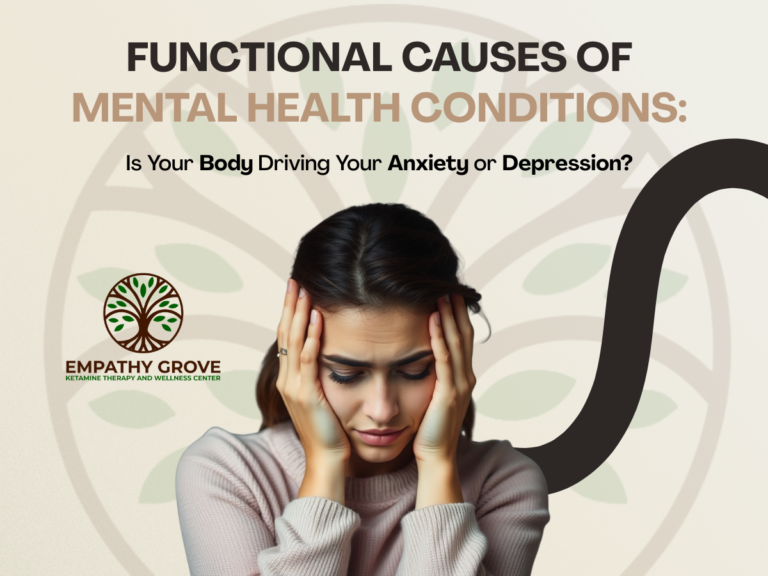 A woman sits with her head in her hands, looking distressed. Text reads, “Functional Causes of Mental Health Conditions: Is your body driving your anxiety or depression?” and “Empathy Grove Ketamine Therapy and Wellness Center.”.