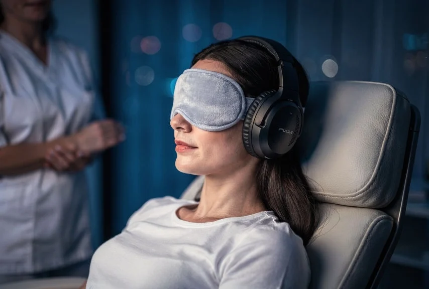 A woman sits in a reclining chair wearing a sleep mask and large headphones, appearing relaxed. A person in medical scrubs stands nearby. The setting looks like a modern clinic or wellness center offering Ketamine Therapy in Beaverton.