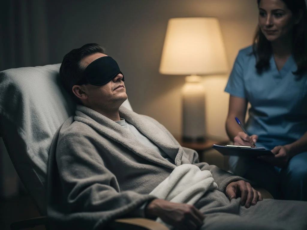 A man wearing a sleep mask relaxes in a recliner covered with a blanket during Ketamine Therapy, while a nurse in scrubs sits beside him with a notepad and pen. A lamp glows softly in the background, creating a calm atmosphere in Tigard.