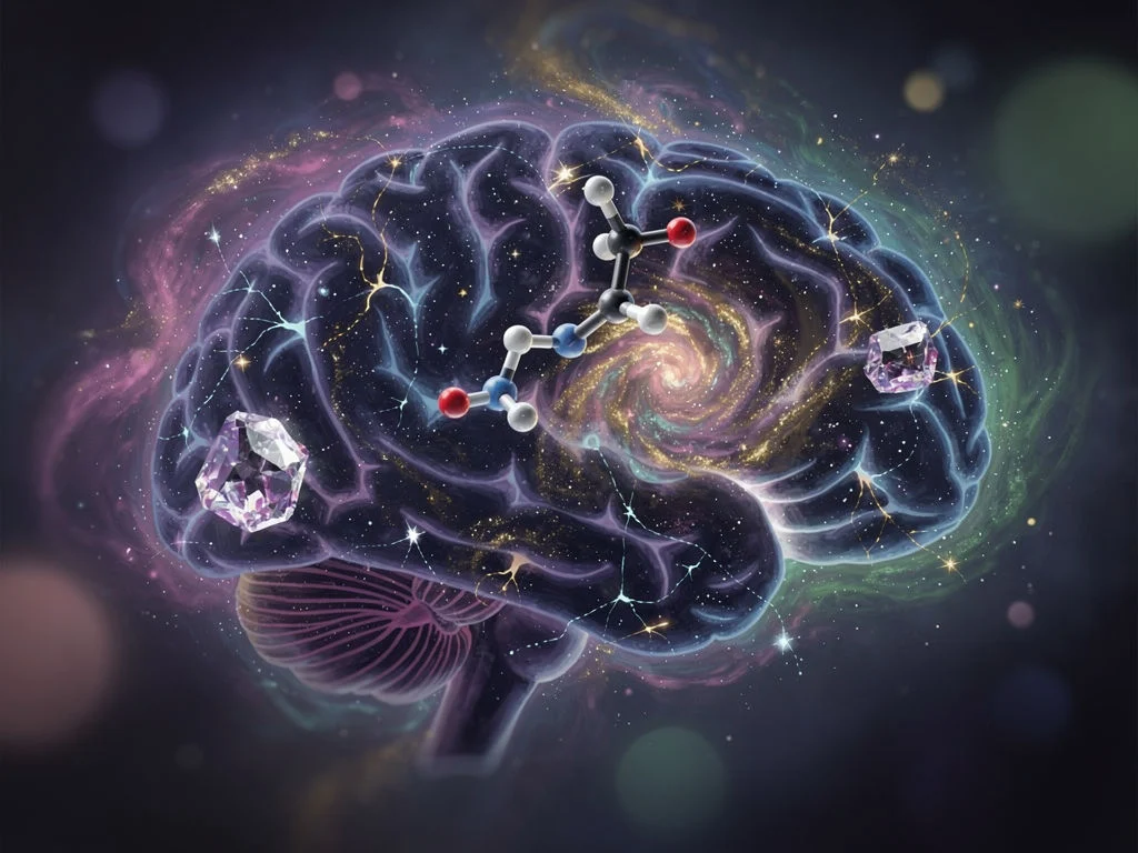 A glowing, cosmic-themed brain illustration features swirling galaxies, stars, and a molecular structure at its center, with two crystals embedded on either side, symbolizing imagination and scientific discovery.
