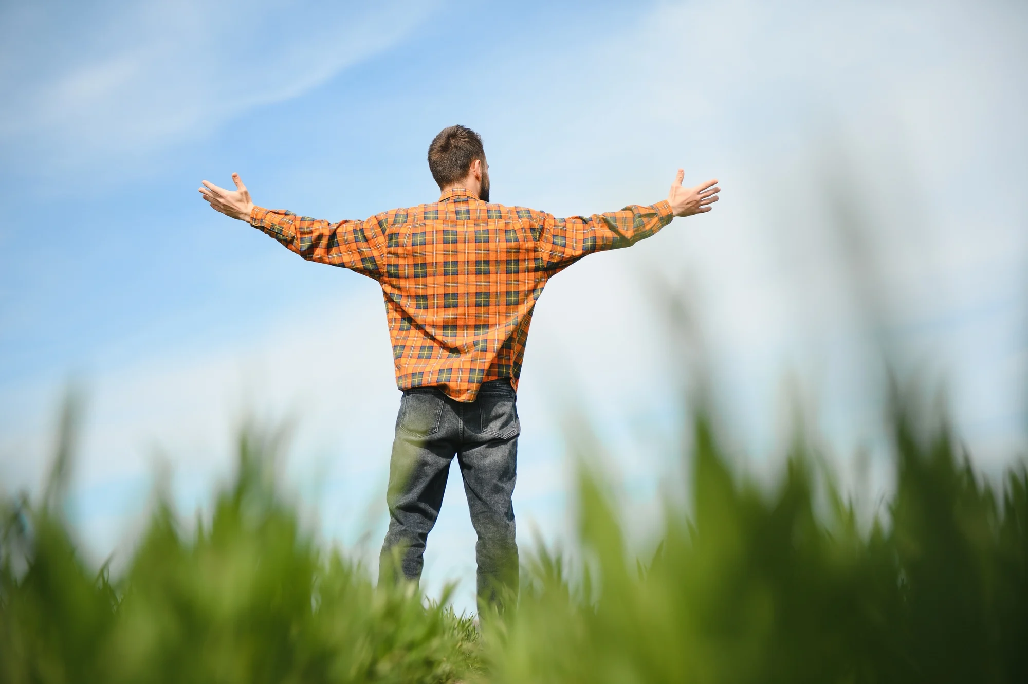 A person in a plaid shirt stands in tall green grass with arms outstretched, facing a blue sky with scattered clouds—an aloha moment of serenity, seen from behind.