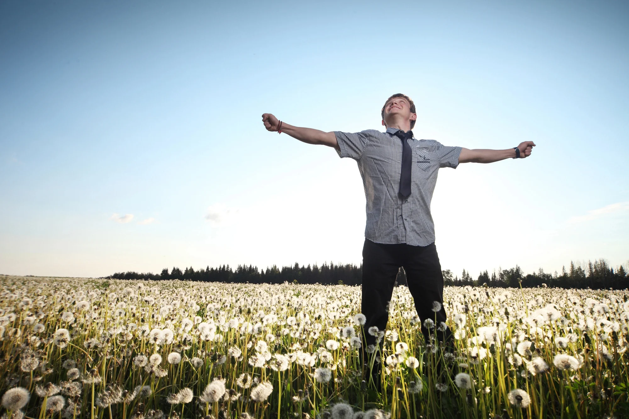 A person stands in a field of dandelions near Cedar Hills with arms outstretched, facing the sky on a sunny day. The horizon shows a line of trees under a clear blue sky—an image evoking the renewal felt after ketamine therapy.