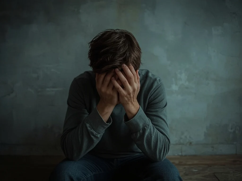 A person sits on the floor against a gray wall, wearing a long-sleeve shirt and jeans, with their head in their hands, appearing distressed—potentially reflecting someone considering Ketamine Therapy for relief.