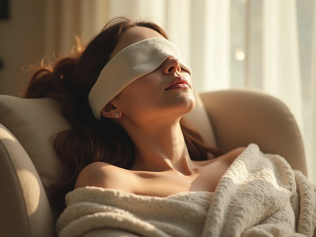 A woman with long hair relaxes in an armchair, wrapped in a soft blanket, wearing a white eye mask. Warm sunlight filters through sheer curtains—evoking the calm one might find during ketamine therapy in Happy Valley.