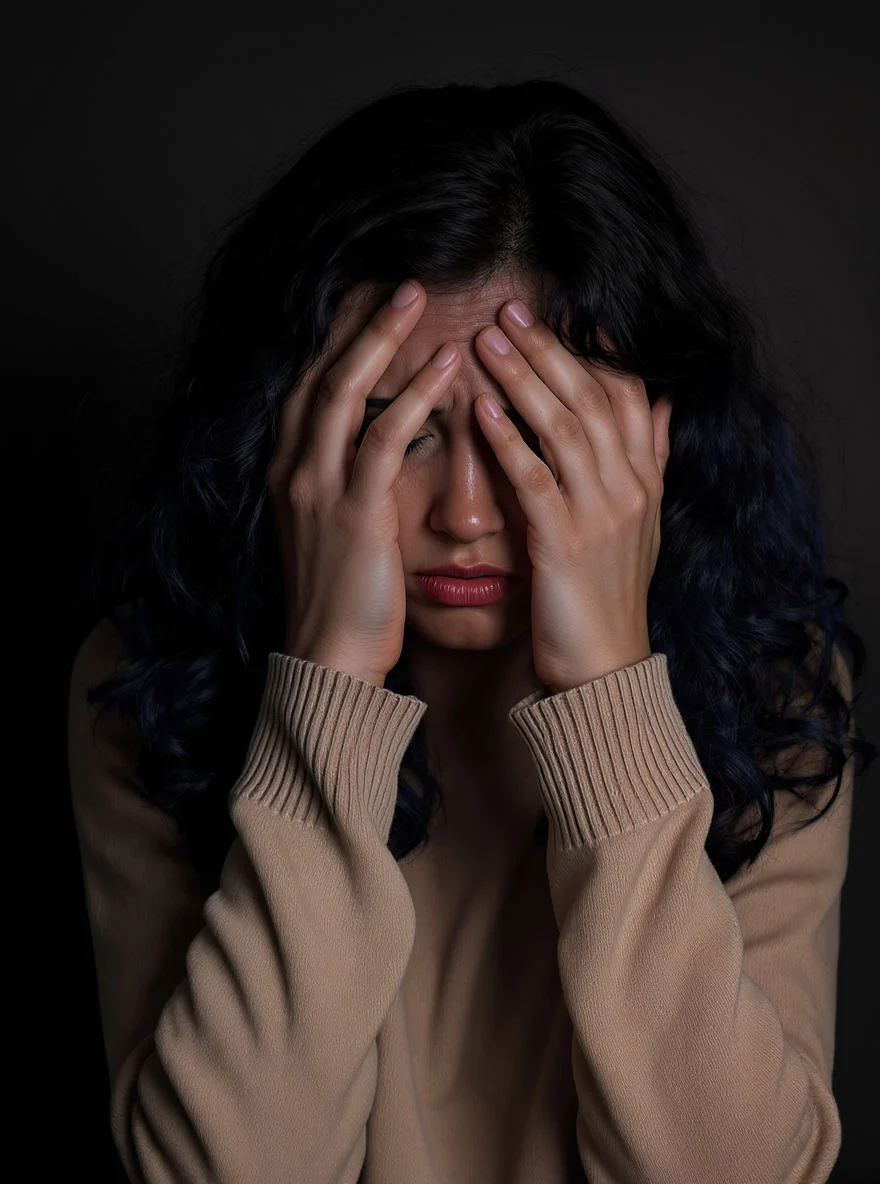 A person with dark, wavy hair and a beige long-sleeve top sits against a dark background, covering their face with both hands and appearing distressed—reflecting the emotional weight of depression.
