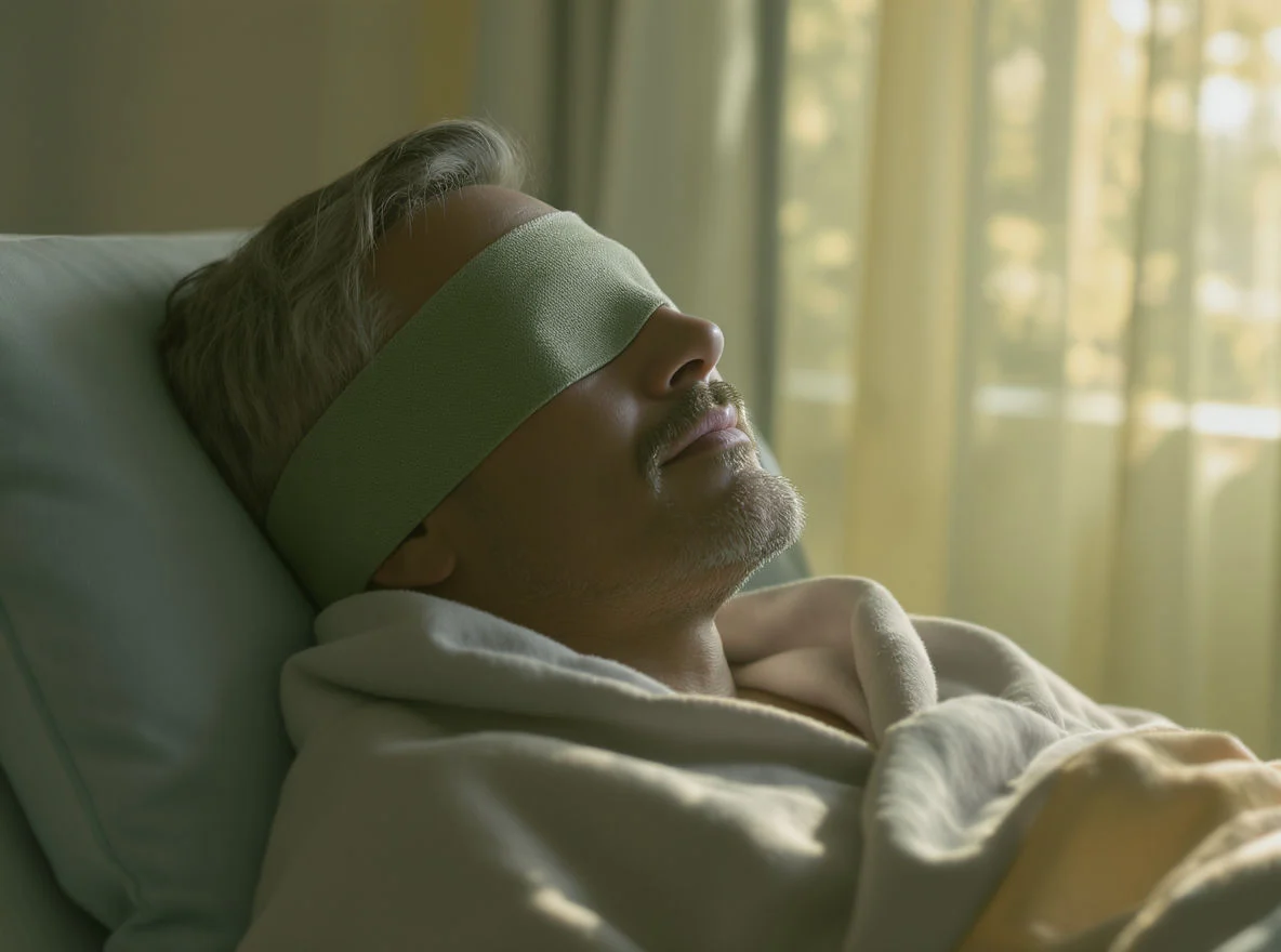 A middle-aged man with gray hair lies in bed at Hazeldale, covered with a blanket and wearing a green eye mask. Soft sunlight filters through curtains in the background, creating a calm and restful atmosphere ideal for ketamine therapy.