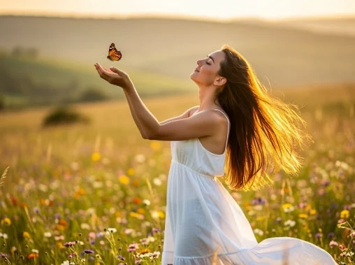 A woman in a white dress stands in a sunlit field of wildflowers, smiling with her long hair flowing as she releases a butterfly into the air—an image evoking pure aloha and serenity, with rolling hills softly blurred in the background.