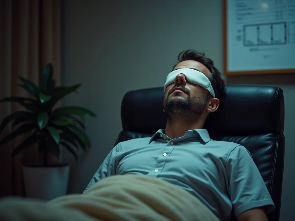 A man experiencing Ketamine Therapy reclines on a chair, wearing an eye mask and covered with a beige blanket, in a dimly lit room adorned with a potted plant and a framed document on the wall.