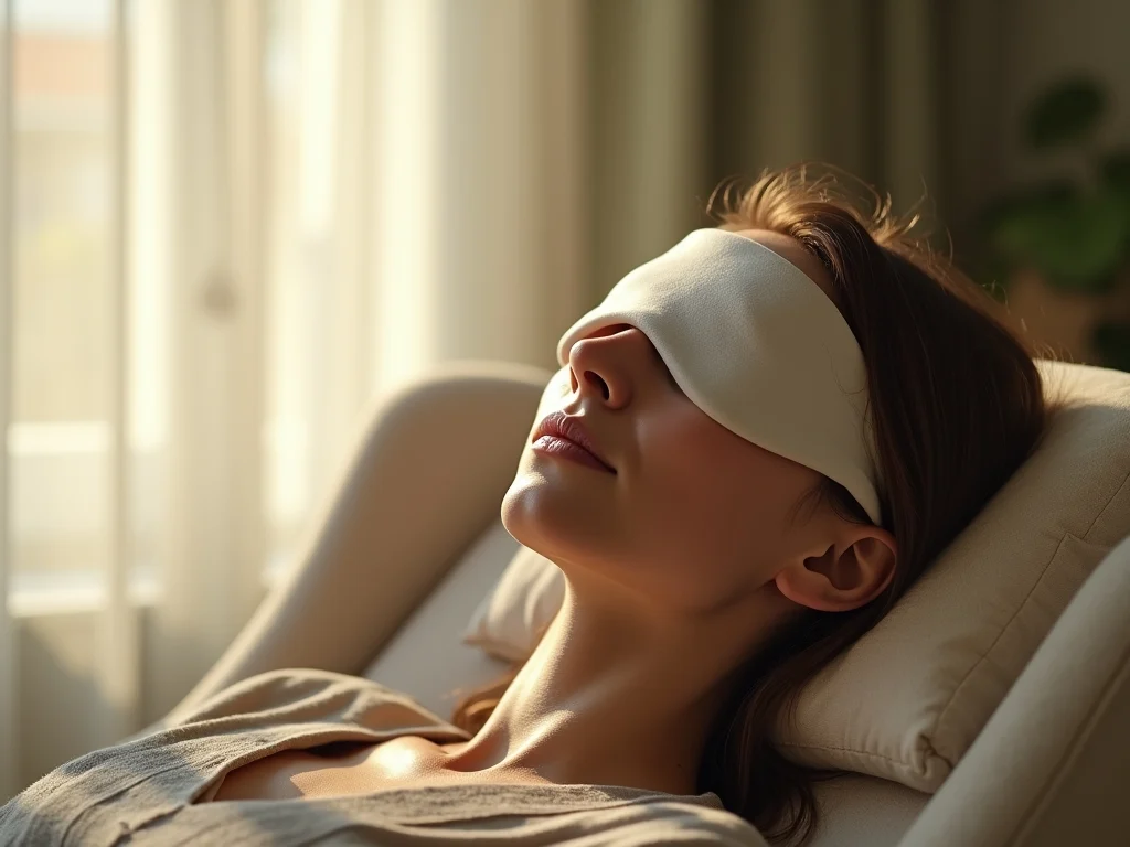 A woman relaxes on a cushioned chair in Sherwood, wearing a white eye mask. Soft sunlight filters through a nearby window, creating a peaceful and calm atmosphere—an ideal setting for Ketamine Therapy sessions.