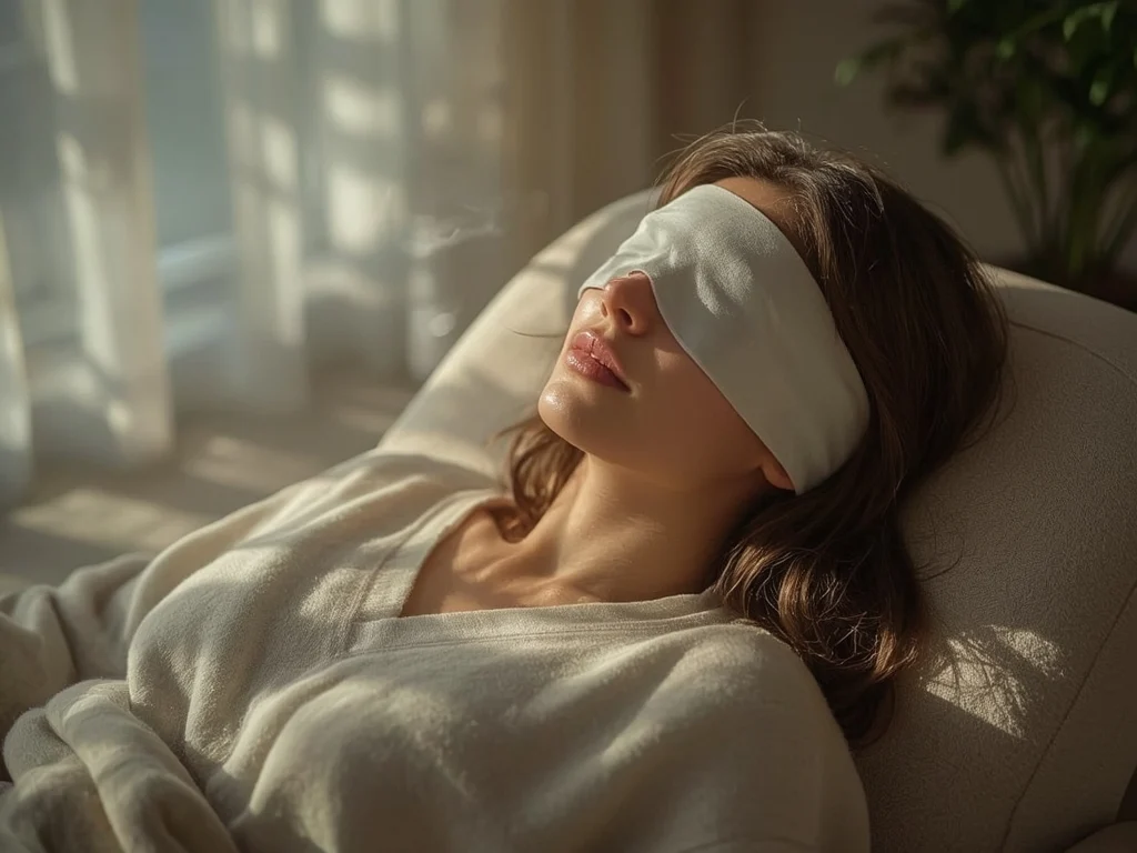 A woman wearing a white robe and eye mask relaxes on a chair in a sunlit Hillsboro room, with soft natural light streaming through sheer curtains—an atmosphere ideal for tranquil ketamine therapy sessions.