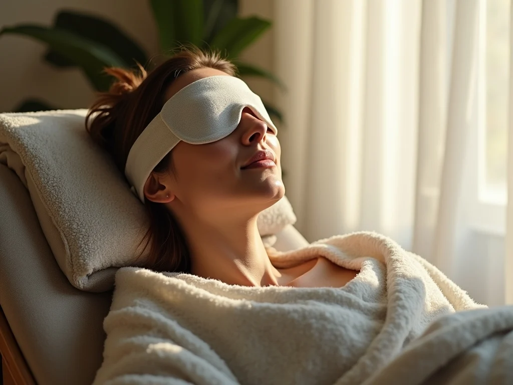 A woman relaxes on a cushioned chair at Hazeldale, covered in a soft blanket and wearing a sleep mask, with sunlight streaming through sheer curtains and green plants in the background—an ideal setting for ketamine therapy.