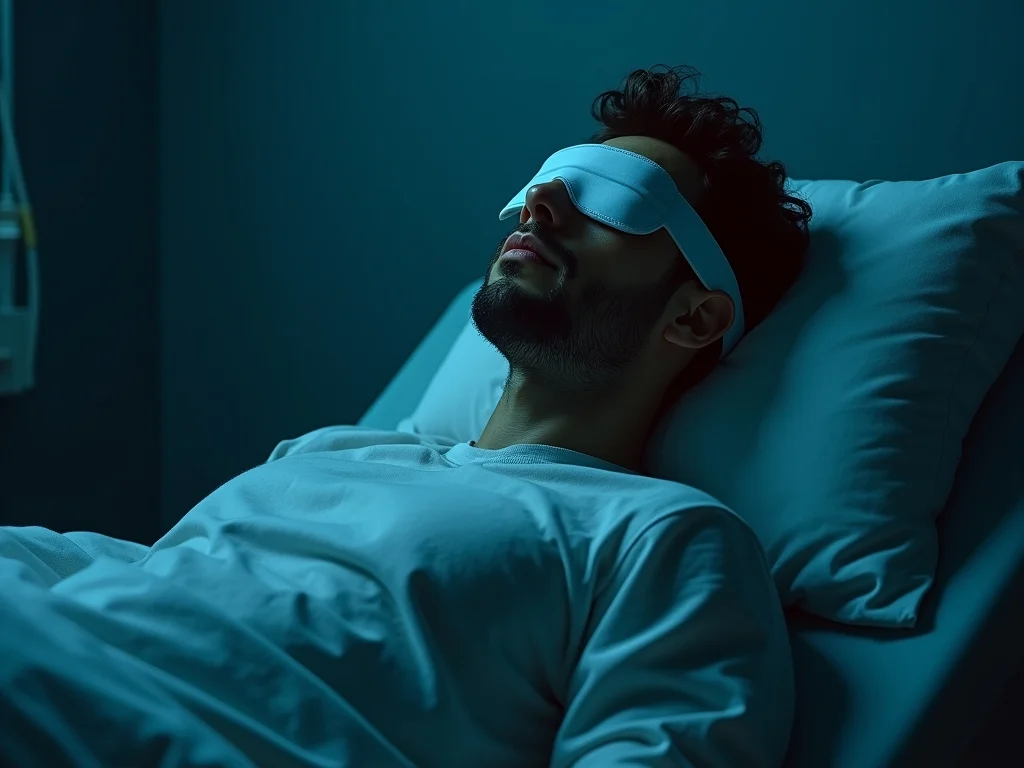 A man lies in a hospital bed wearing a white eye mask, dressed in a white shirt, and resting his head on a pillow in a dimly lit, blue-toned room in Vancouver, Washington, during Ketamine Therapy.