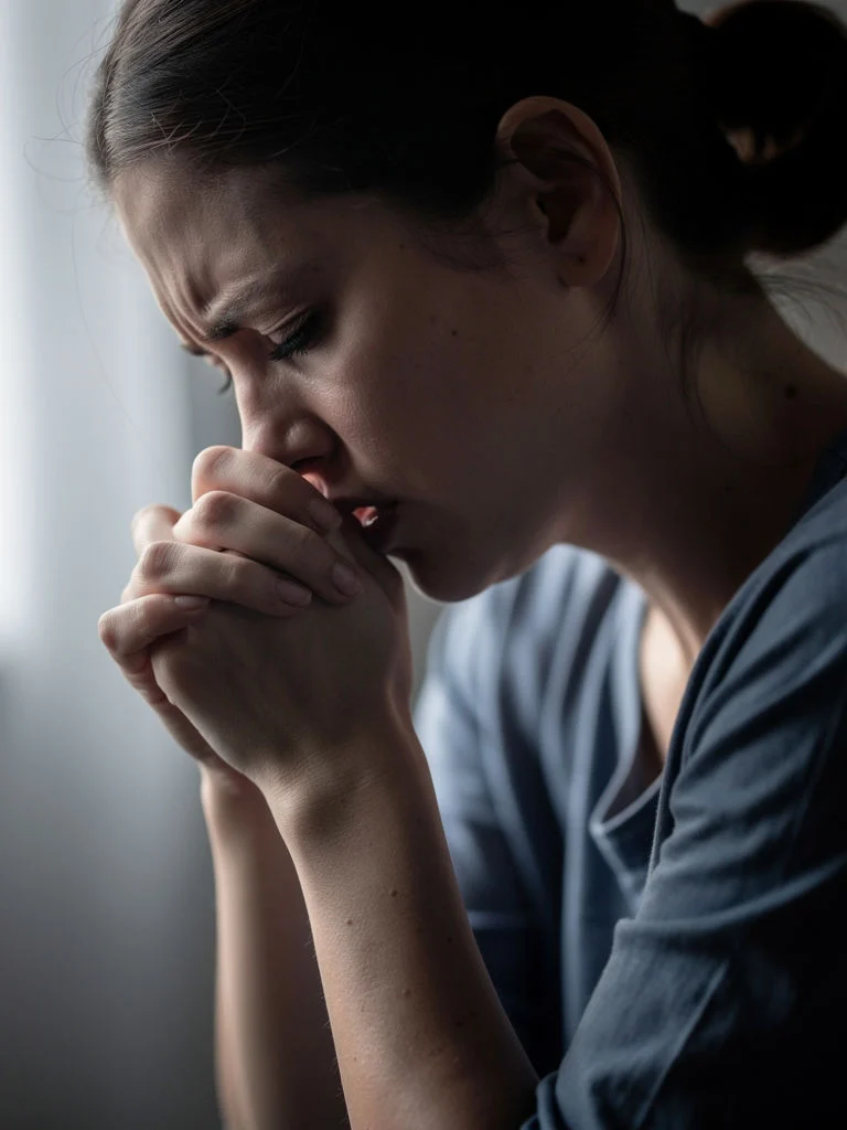 A woman with closed eyes sits in profile, leaning forward with her hands clasped near her face, expressing stress or contemplation in soft natural light—reflecting moments often faced before seeking Ketamine Therapy for relief.