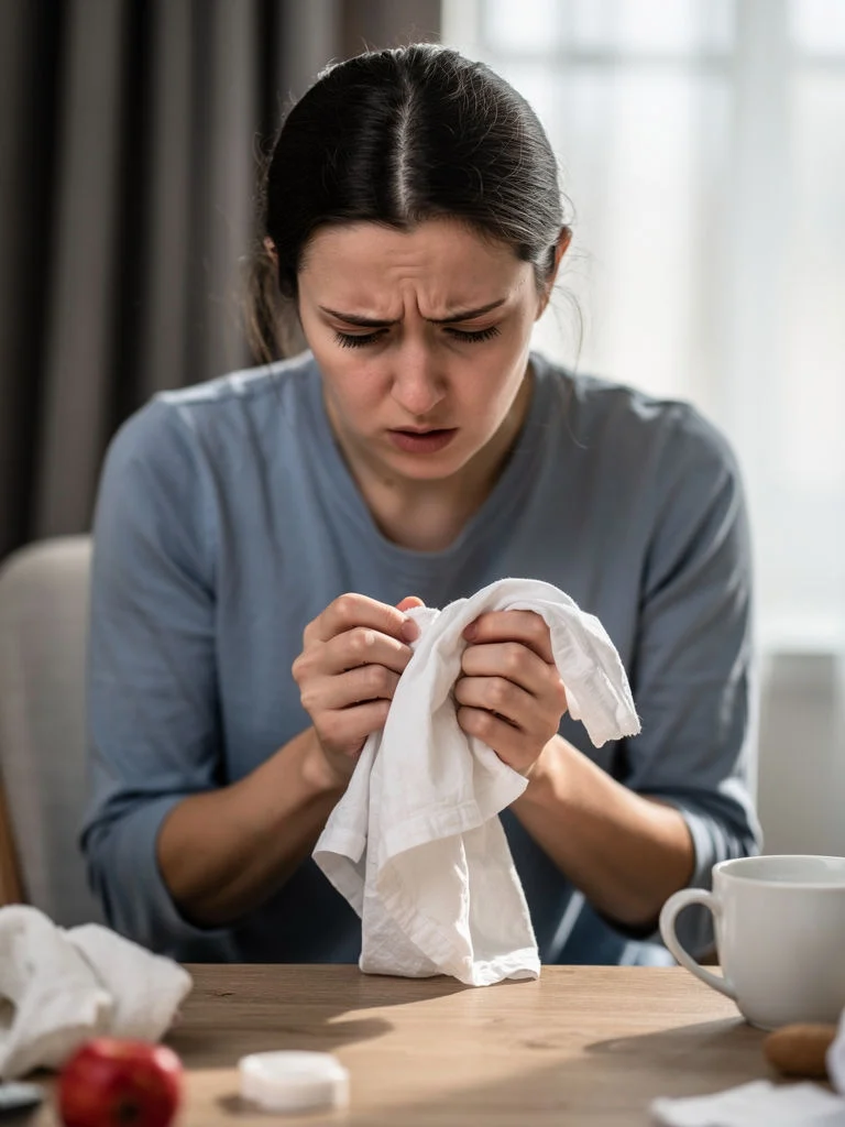 A woman with dark hair, wearing a blue shirt, looks down at a white cloth in her hands with a distressed expression, possibly struggling with OCD before considering ketamine therapy.