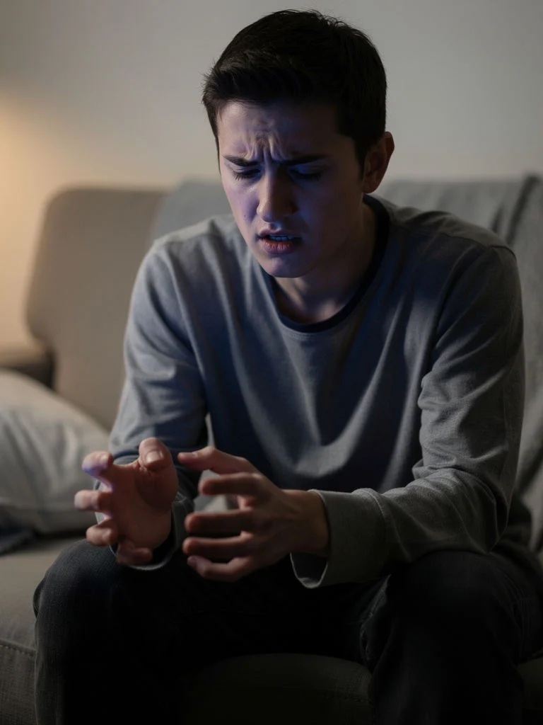 A person with bipolar disorder sits on a couch looking distressed, with furrowed brows and tense hands held out, suggesting anxiety or frustration. The dimly lit room reflects the mood—a reminder of why some seek ketamine therapy for relief.