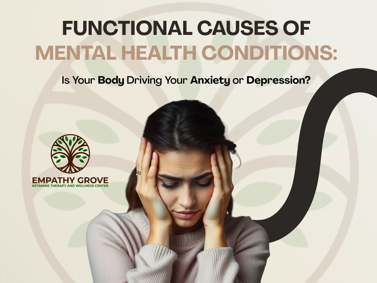 A woman sits with her head in her hands, looking distressed. Text reads, “Functional Causes of Mental Health Conditions: Is your body driving your anxiety or depression?” and “Empathy Grove Ketamine Therapy and Wellness Center.”.